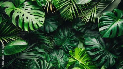 Dense tropical greenery of Monstera leaves creating a vibrant pattern © Татьяна Макарова