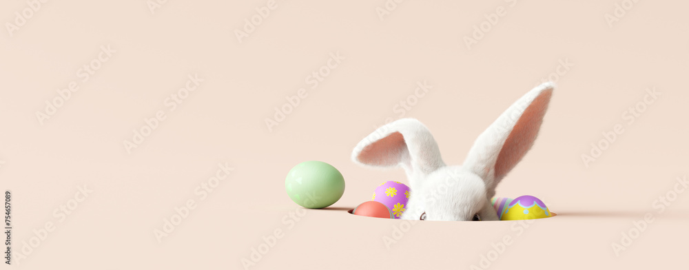 Fototapeta premium Easter bunny peeking out of a hole on cream color background. 3d rendering