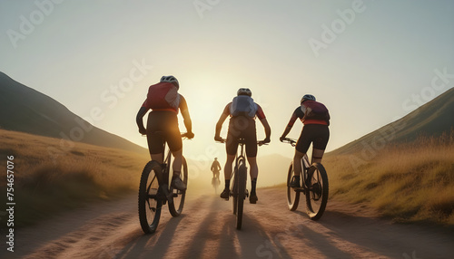 Group of friends riding mountain bikes, good health concept.