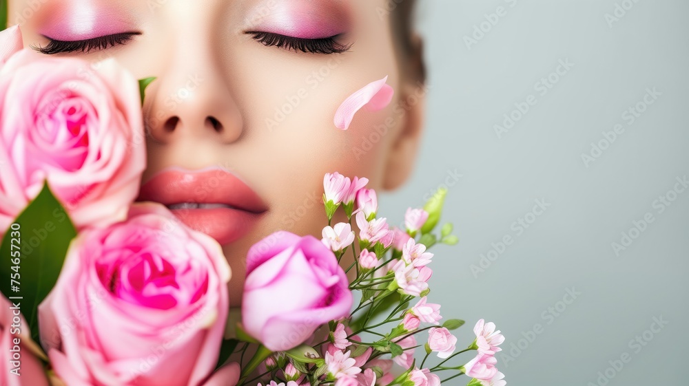 A beauty portrait with delicate roses in soft pink tones and petals A beauty portrait with delicate roses in soft pink tones and petals