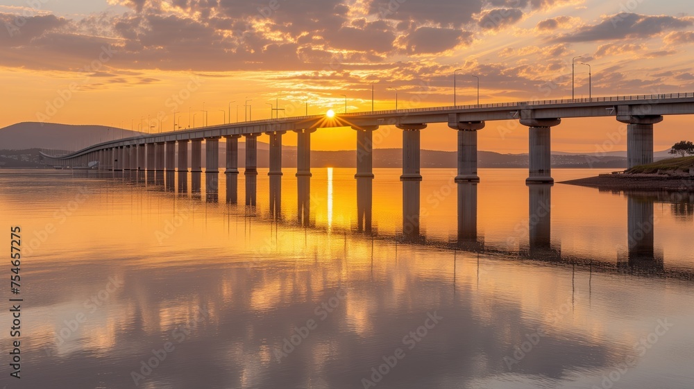 Sunrise over a serene bridge reflecting on the calm water below
