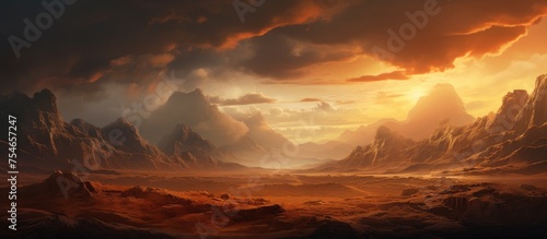 The painting depicts a vivid sunset in a desert setting, with the sky ablaze in warm orange and red hues. In the foreground, a vast expanse of sand dunes stretches towards rocky, rugged mountains