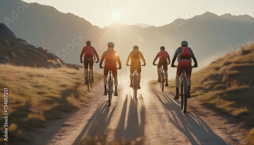Group of friends riding mountain bikes, good health concept. © McOwenlevi
