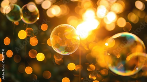 Radiant soap bubbles floating gently against a bokeh background lit by the golden sunset