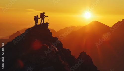 Two young boy climbing mountain helping to each others , sky and sun light background