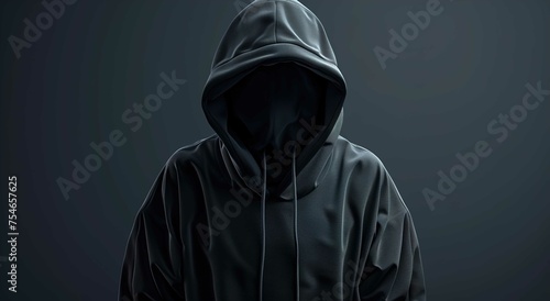 A black hoodie blank mockup with a black background, black room with studio light. 3d Rendering of Hoodie Mockup