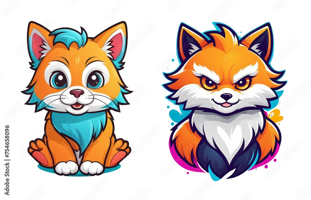 a couple of cartoon foxes sitting next to each other, vector art, furry art, split screen, mascot, orange and cyan paint decals, cat design a couple of cartoon foxes sitting next to each other, vector art, furry art, split screen, mascot, orange and cyan paint decals, cat design