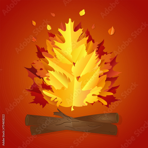 A burning fire made of leaves. Vector illustration
Outdoor bonfire with blazing red glow.