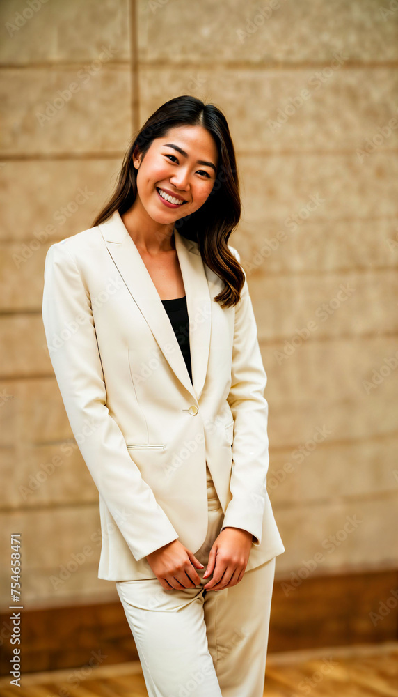 photo of beautiful asian woman with beige suit and white crop top, generative AI photo of beautiful asian woman with beige suit and white crop top, generative AI
