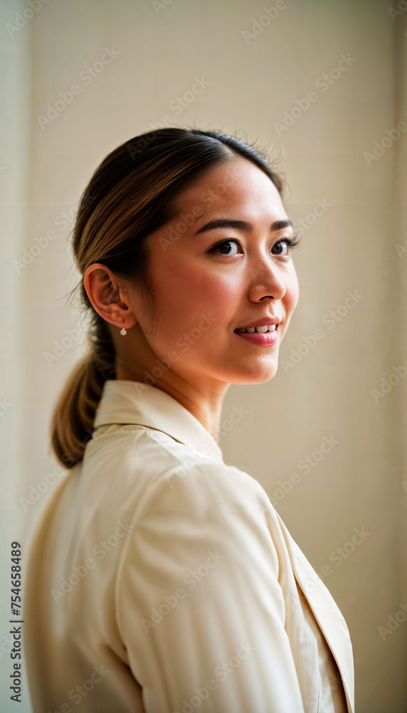 photo of beautiful asian woman with beige suit and white crop top, generative AI photo of beautiful asian woman with beige suit and white crop top, generative AI
