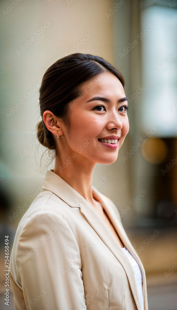 photo of beautiful asian woman with beige suit and white crop top, generative AI photo of beautiful asian woman with beige suit and white crop top, generative AI