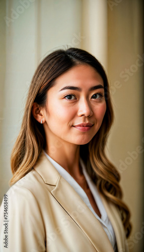 photo of beautiful asian woman with beige suit and white crop top, generative AI