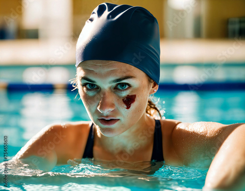 photo of beautiful angry woman as a swimmer with wound and small blood at the indoor swimming pool, generative AI