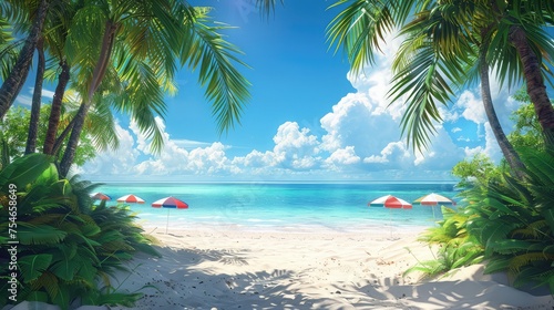 Beach Scenery, Panoramic views of pristine beaches framed by swaying palm trees, azure waters, and colorful umbrellas