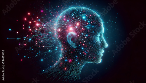 digital artwork featuring the profile of a human head composed of a mesh network of glowing dots and lines.