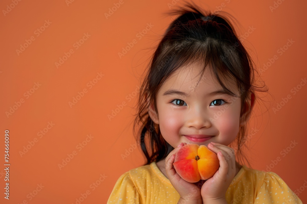 Happy Young Girl Smiling and Holding a Fresh Peach Against a Warm Orange Background - Cheerful Child Enjoying Fruit Happy Young Girl Smiling and Holding a Fresh Peach Against a Warm Orange Background - Cheerful Child Enjoying Fruit