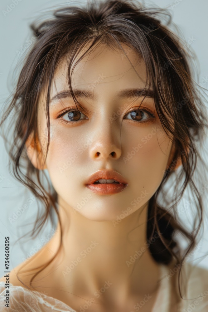 Portrait of a Young Woman with a Delicate Expression and Natural Makeup in Soft Light Environment Portrait of a Young Woman with a Delicate Expression and Natural Makeup in Soft Light Environment