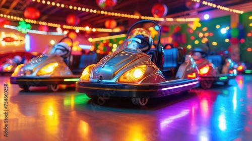 Bumper cars glow under vibrant neon lights, inviting a funfair's playful night