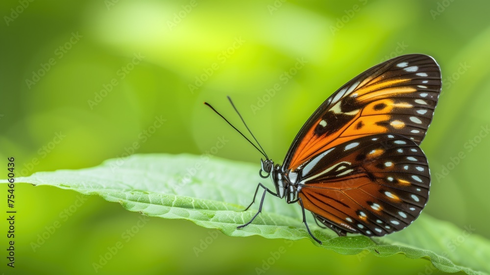 Close-up of a vibrant butterfly resting on a green leaf Close-up of a vibrant butterfly resting on a green leaf