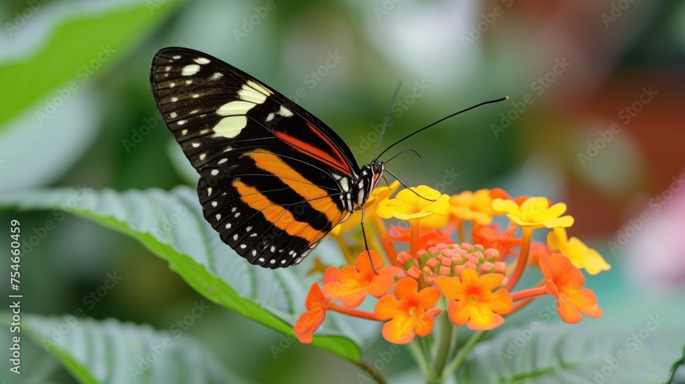Vibrant butterfly on orange flowers against a green background Vibrant butterfly on orange flowers against a green background