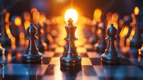 Strategic chessboard setup highlighting a king with a glowing backdrop photo