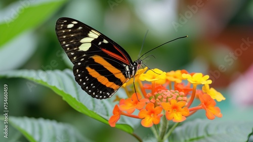 Vibrant butterfly on orange flowers against a green background © Татьяна Макарова