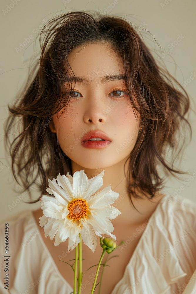 Portrait of a Young Woman with Natural Makeup Holding a White Daisy on a Neutral Background Portrait of a Young Woman with Natural Makeup Holding a White Daisy on a Neutral Background