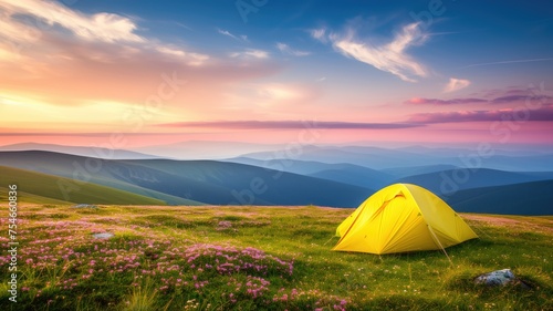 A yellow tent perches on a mountain amidst purple flowers at sunset, with expansive views