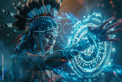 A captivating scene of a Native American cyber warrior in mid-dance their regalia emitting light and projecting ancient symbols onto the surroundings. © pprothien