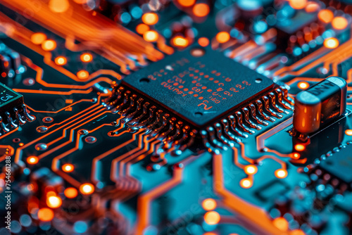 A close-up view of an electronic chip where the surrounding circuitry is implied rather than explicitly drawn photo