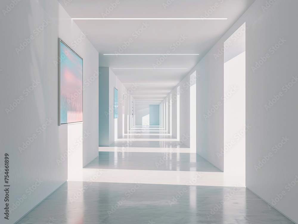 A stark white minimalist art gallery corridor.