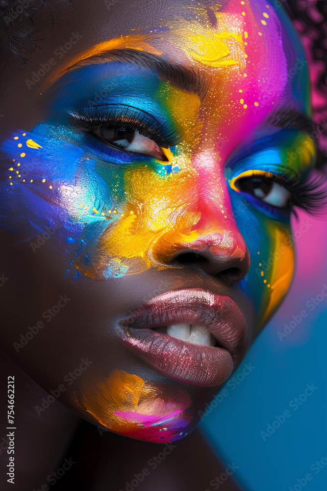 A closeup of a beautiful woman face painted with colorful paints