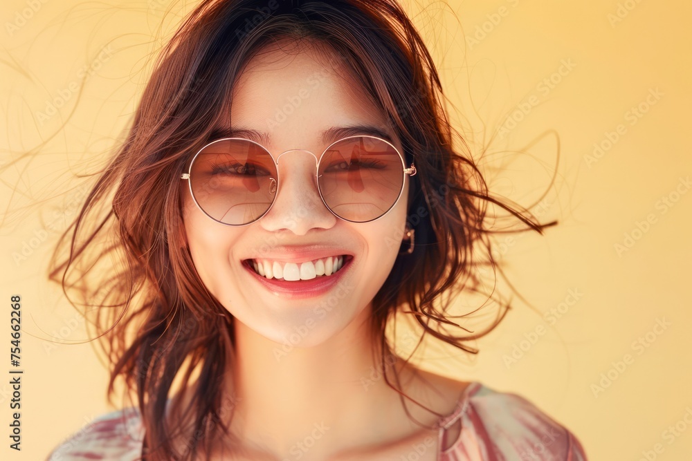 Happy Young Woman with Sunglasses Smiling Joyfully on Warm Sunny Day, Casual Lifestyle Portrait Happy Young Woman with Sunglasses Smiling Joyfully on Warm Sunny Day, Casual Lifestyle Portrait
