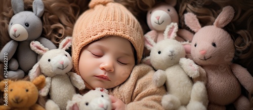 A newborn baby girl peacefully sleeps among a collection of fluffy stuffed animals, including a rabbit, during a cute and heartwarming photoshoot.