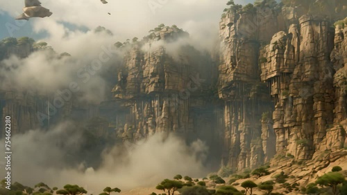Landscape of sandstone cliffs in the national park of kenya, as seen from the corrupted desert lands below, a low cloud layer obscures the ground , AI Generated photo