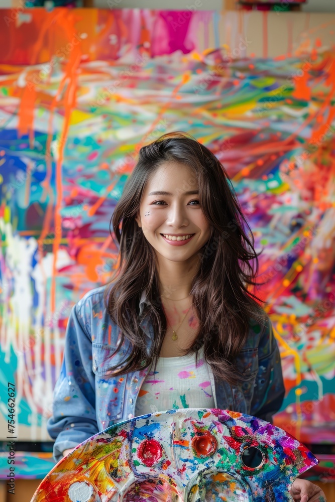 Fototapeta premium Cheerful Young Female Artist Holding Colorful Palette in Art Studio with Abstract Paintings in Background