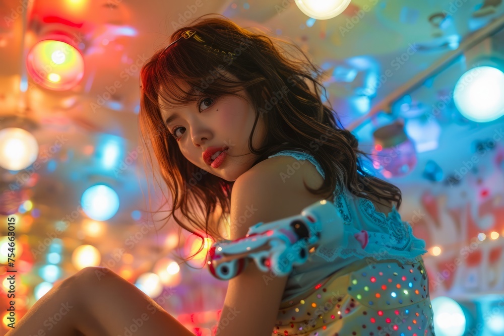Naklejka premium Young Woman Posing with Roller Skates in Neon-Lit Retro Diner, Vintage Style Portrait, Fashion and Leisure Concept