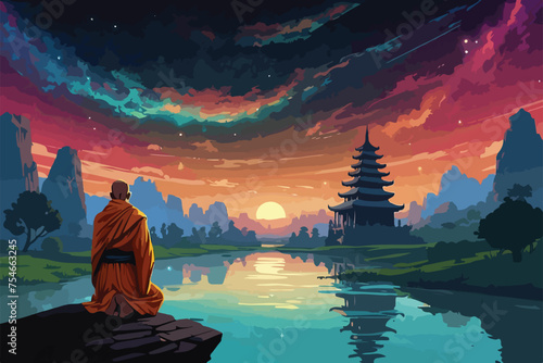 Buddha Monk at River side old temple sunset art