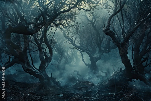 A dark forest filled with numerous trees, creating a dense and mysterious atmosphere. Eerie mist swirls around, enhancing the scene. Generative AI