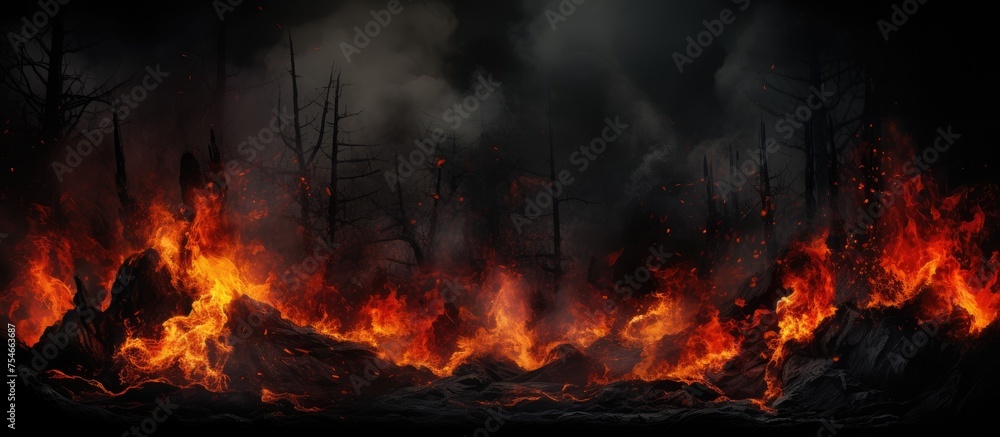 A large fire blazes fiercely in a dark forest, engulfing trees and casting an ominous glow. The flames crackle and send sparks flying as thick smoke billows into the night sky.