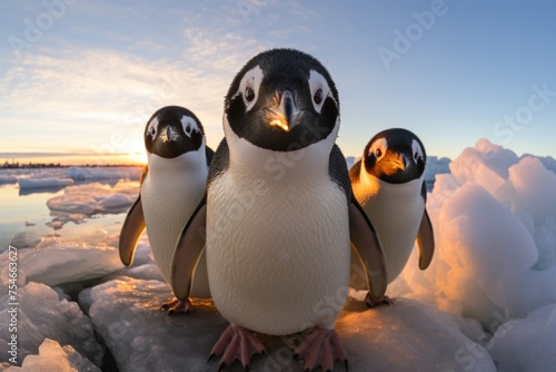 Close-up penguins stand against the backdrop of melting glaciers and look at the camera. Concept global warming. World Penguin Day.