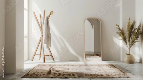 Modern Hallway Setup with Wooden Hanger Stand and Full-Length Mirror.