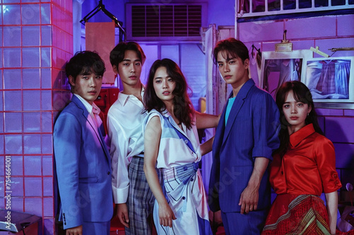 Korean drama poster, young people wearing a modern pose in front of the camera, purple neon lights and pink walls behind.