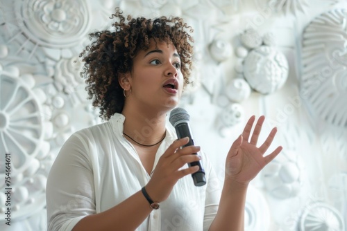 Curly-haired woman speaking into a microphone against an artistic backdrop. plus-size young woman in a spoken word poetry session