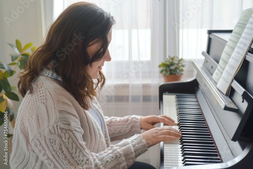 Young Caucasian woman playing piano in a bright room.