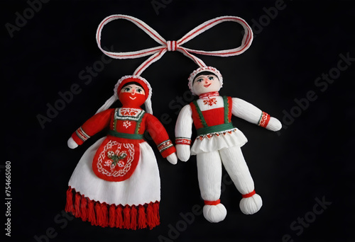 two martenitsa dolls in traditional costumes are hanging from a ribbon photo