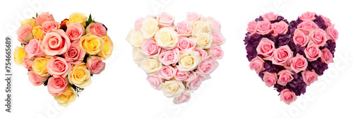 Isolated heart shapes with peach, yellow, pink, purple, cream and white roses. Multicolor flower love hearts with green floral ornaments on transparent background. Generative AI.