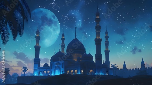 Moonlit Mosque Surrounded by Stars and Tranquility, To evoke a sense of tranquility and spirituality during the holy month of Ramadan, perfect for