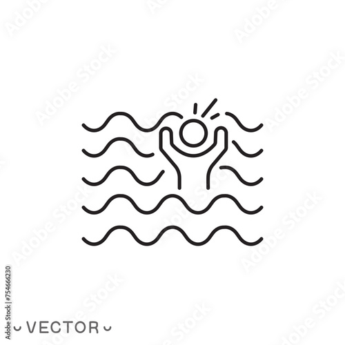 person drown and call for helps icon, thin line symbol isolated on white background, eps 10 vector illustration