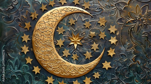 Crescent Moon and Stars Engraved Wall Art Illustration, To be used as a striking and symbolic background for various design projects, such as